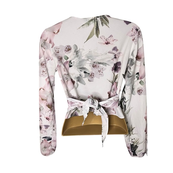 Etiquette Wrap Crop Top Floral Tie-Back White-Pink S - Picture 2 of 5